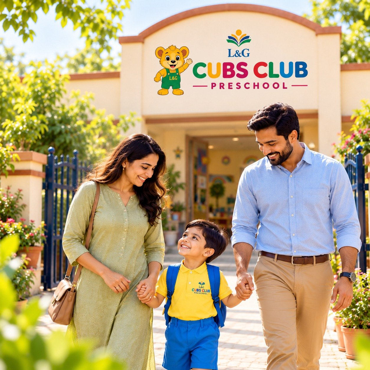 A family receiving a warm welcome from a Cubs Club preschool educator