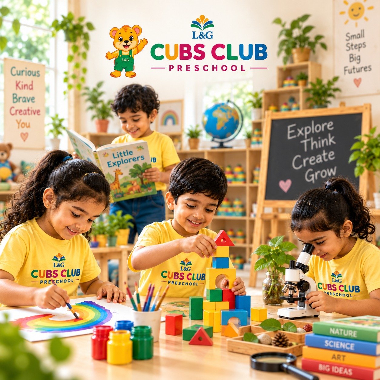 Cubs Club children painting, building and exploring nature at a discovery table