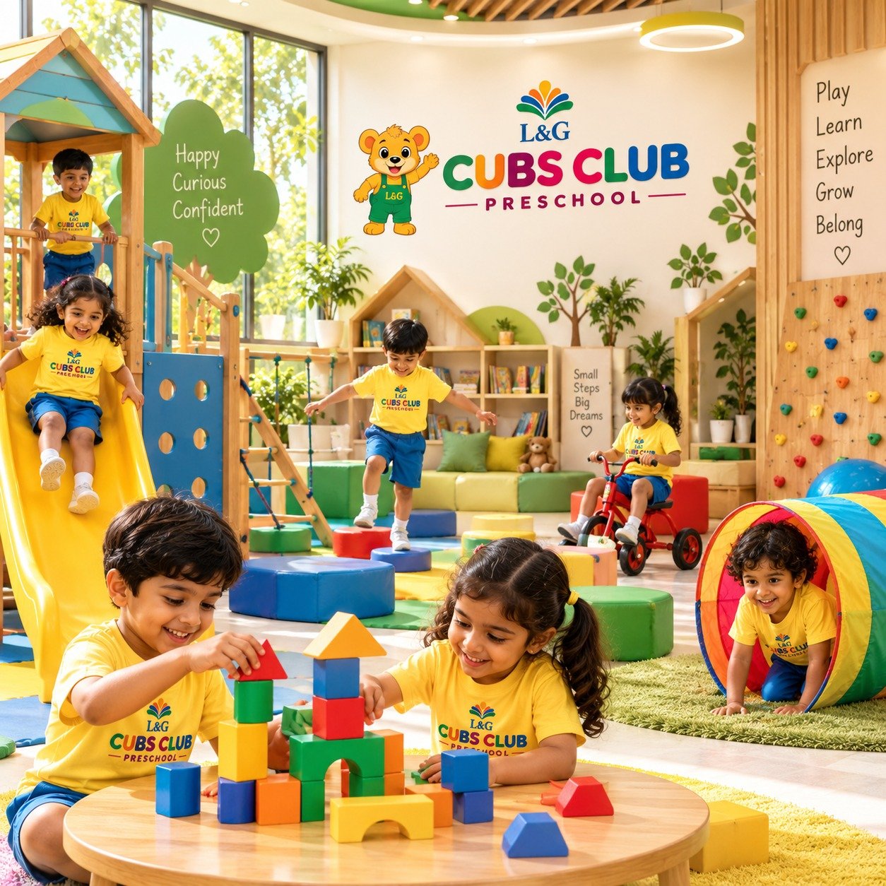 A Cubs Club educator sharing a story with a close circle of preschool children