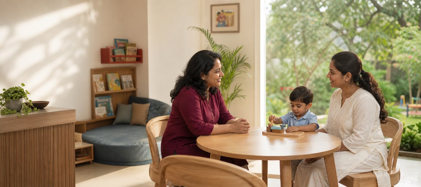 A Cubs Club director having a warm first conversation with a parent and child