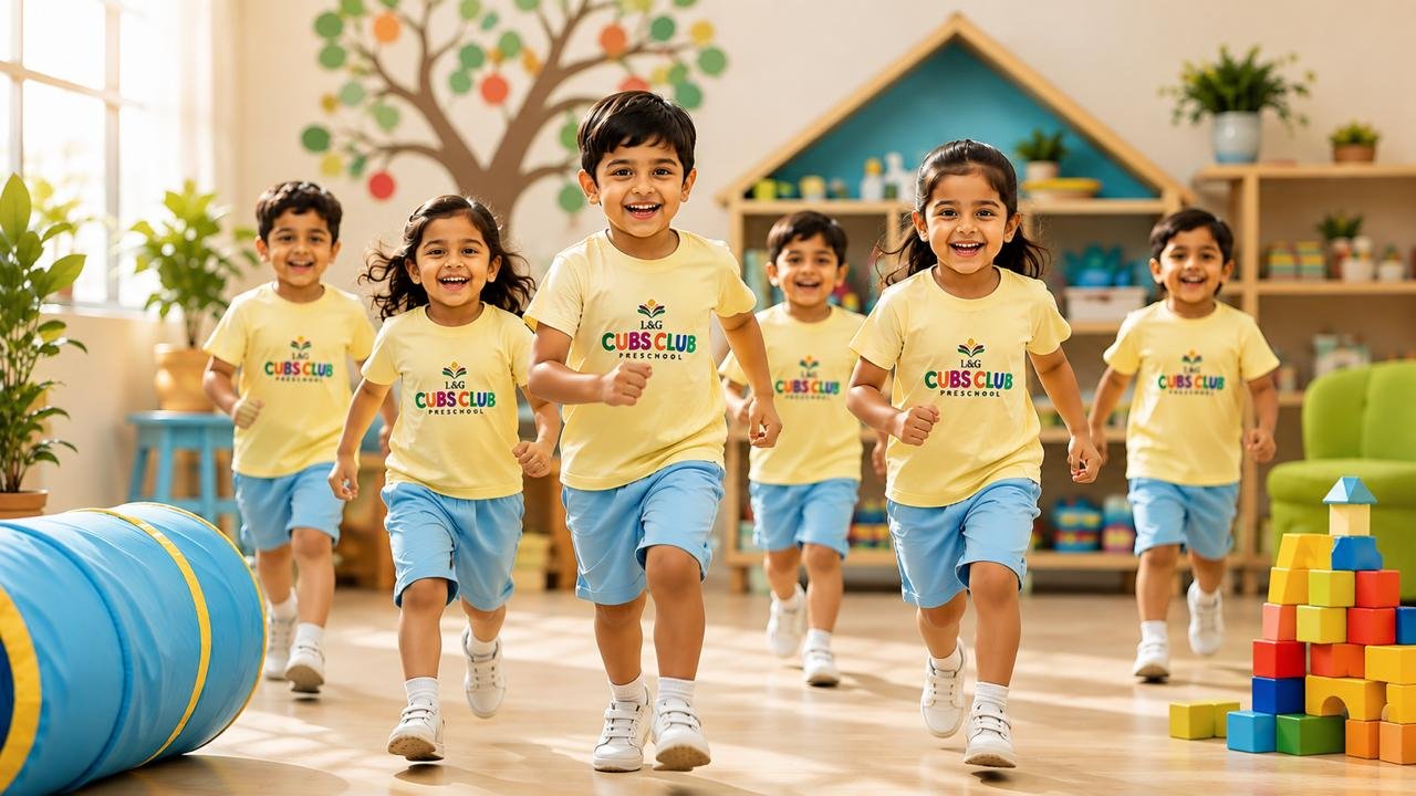 Children arriving joyfully at a warm contemporary Cubs Club preschool