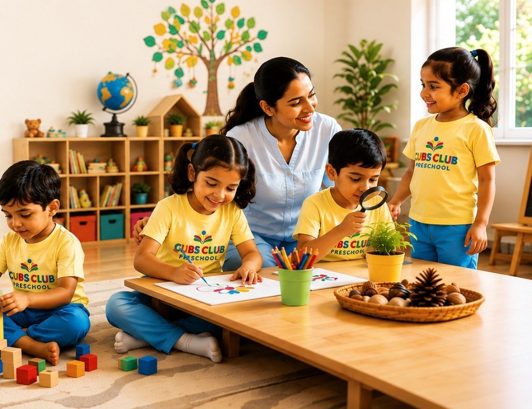 An educator gently guiding young children through a classroom activity