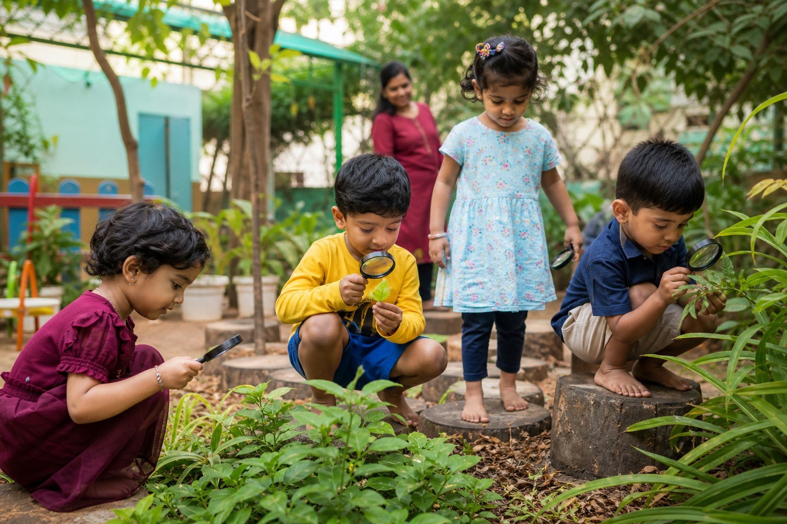 Four preschool children exploring leaves with magnifying glasses in a garden
