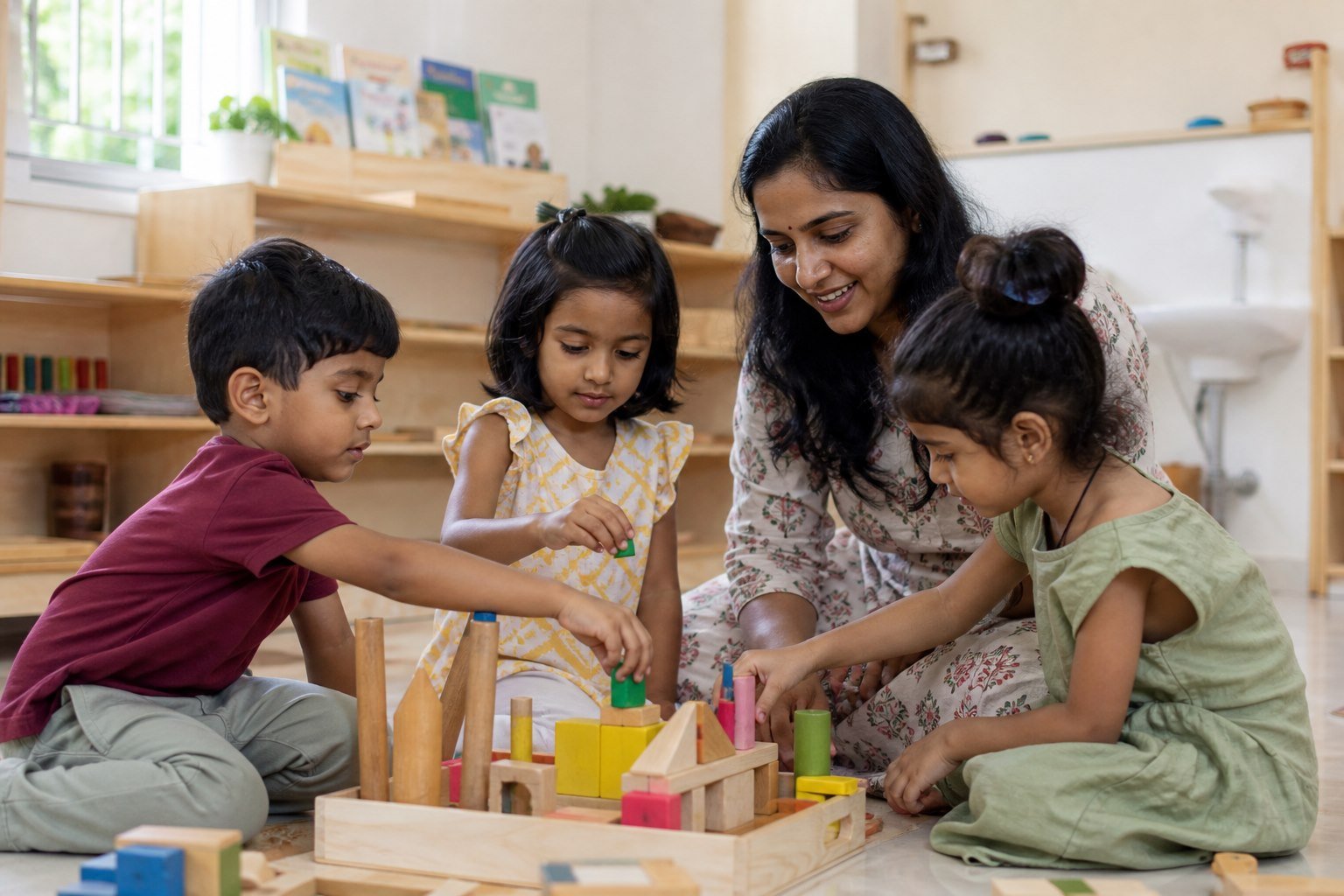 An Indian preschool educator helping three children build together with wooden blocks