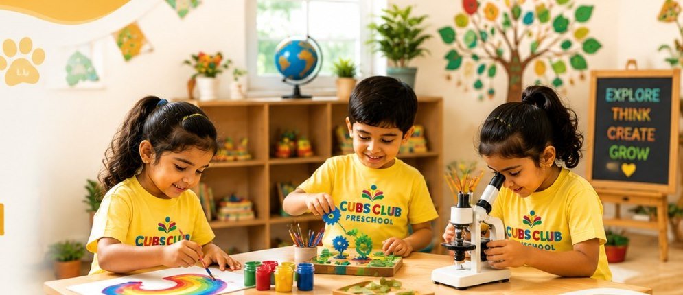 Children painting, building and exploring together at a creative table